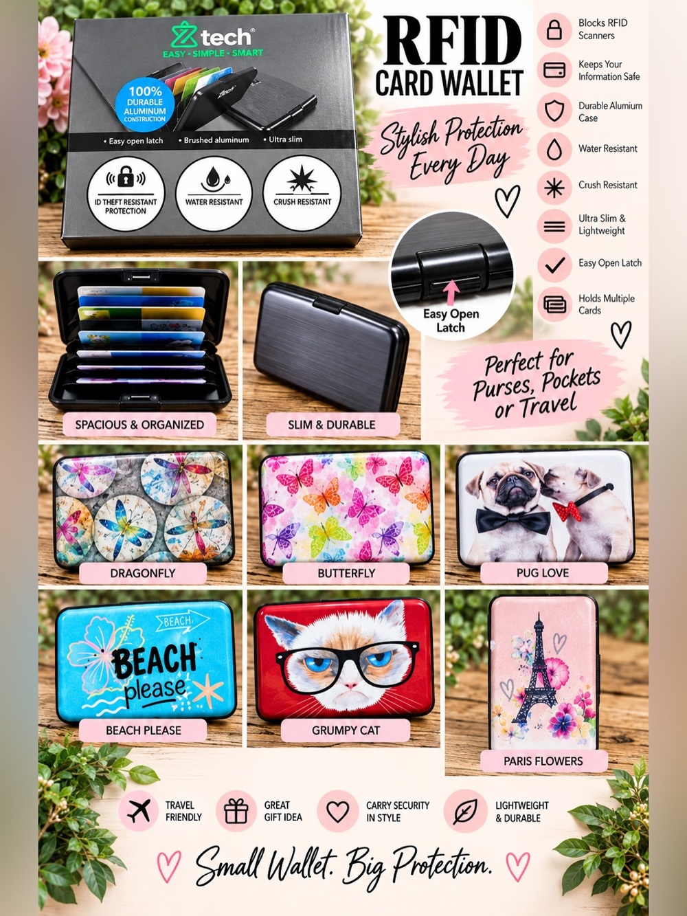 RFID Card Wallet - Butterfly Design - Pink